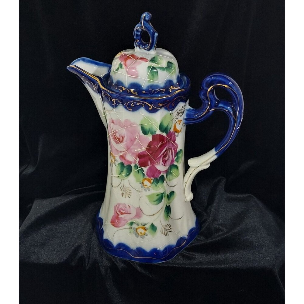 Nippon Hand Painted CHOCOLATE POT Cobalt Blue Gold Florial 12pc Set Antique - Picture 9 of 16